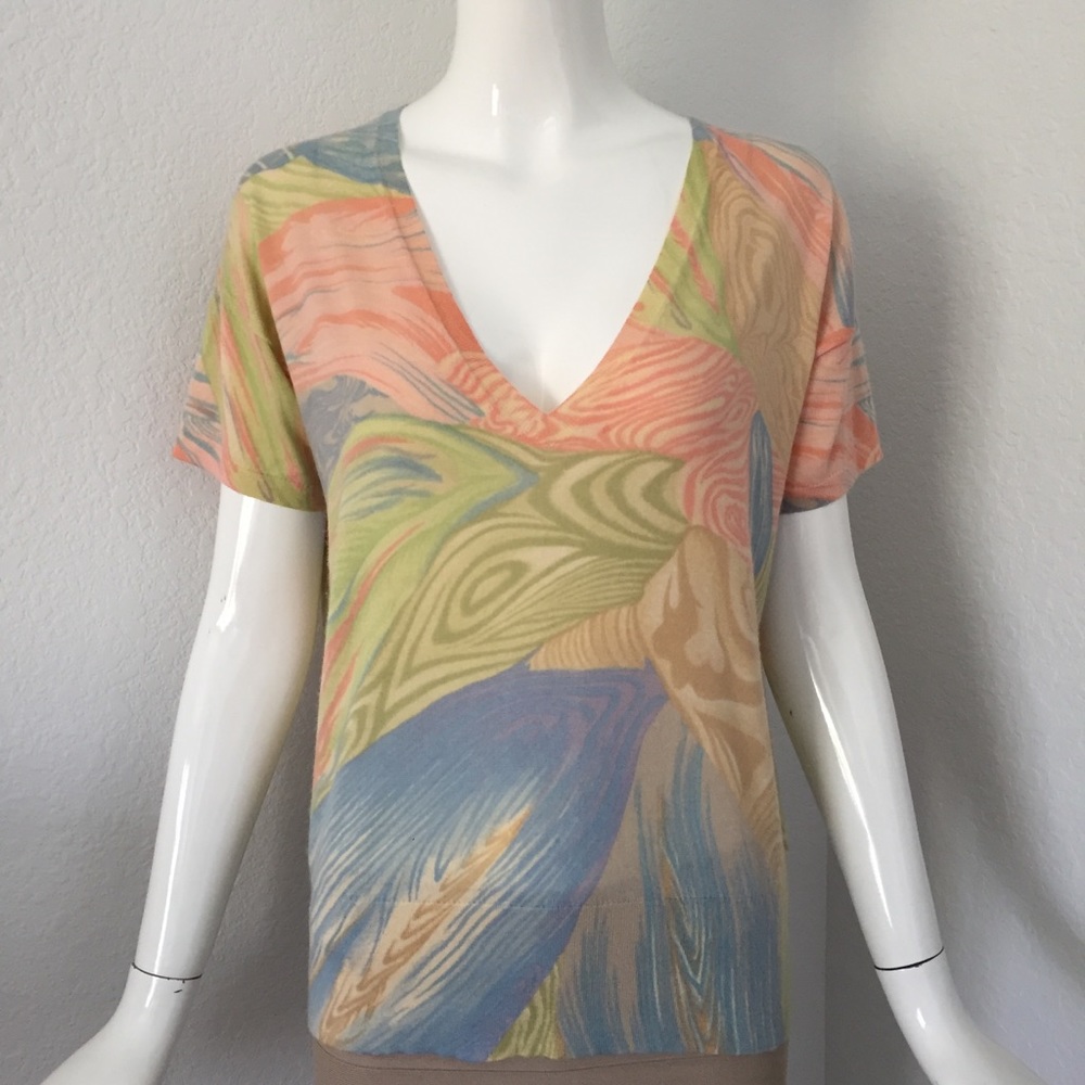 TSE pastel print cashmere v neck short sleeve sweater